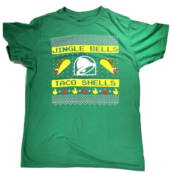 "Jingle Bells Taco Shells" Taco Bell Men's Green Christmas T-Shirt Size Large - Picture 2 of 10
